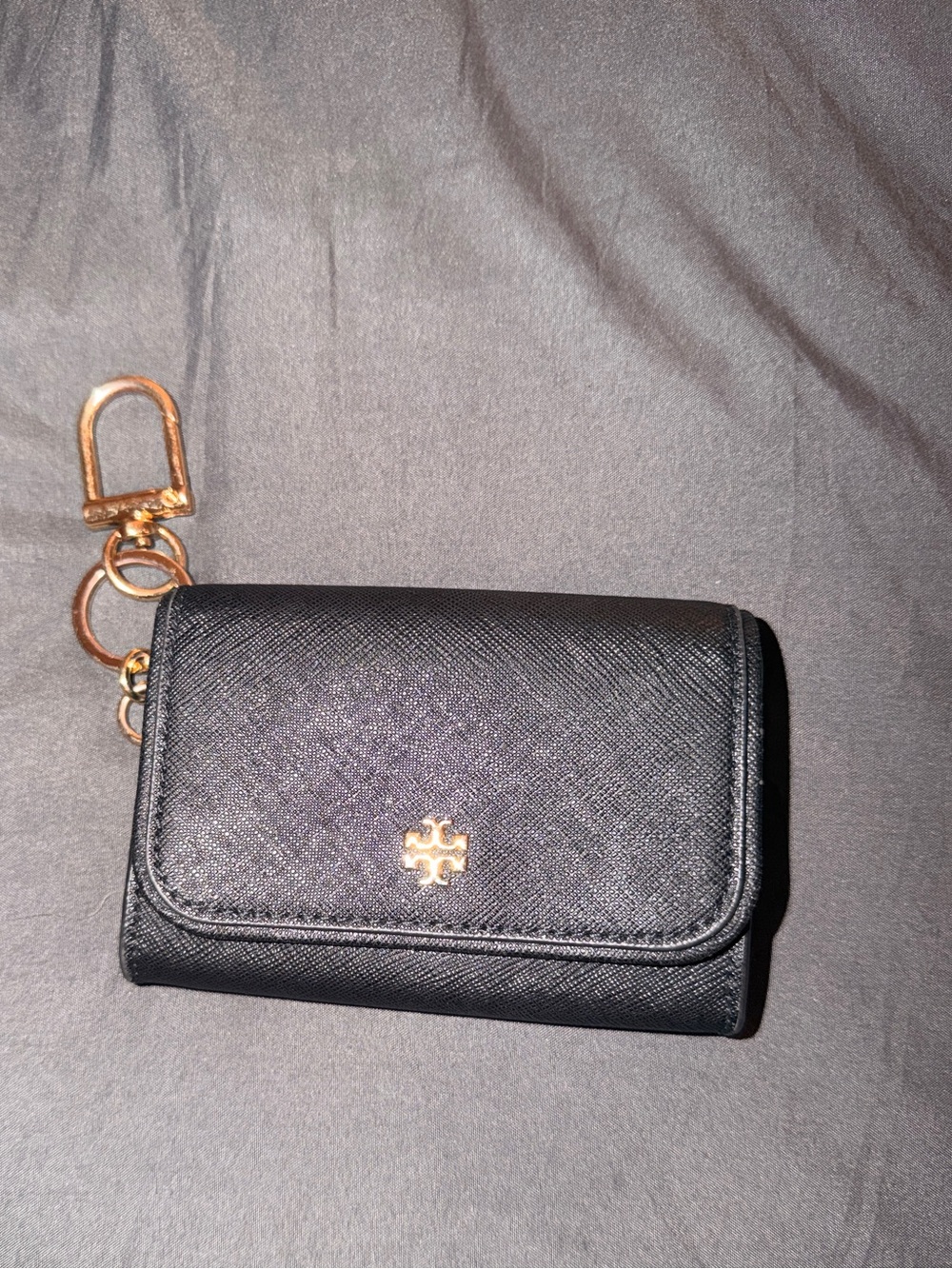Tory Burch Black Leather Key & Card Case with Gold Hardware